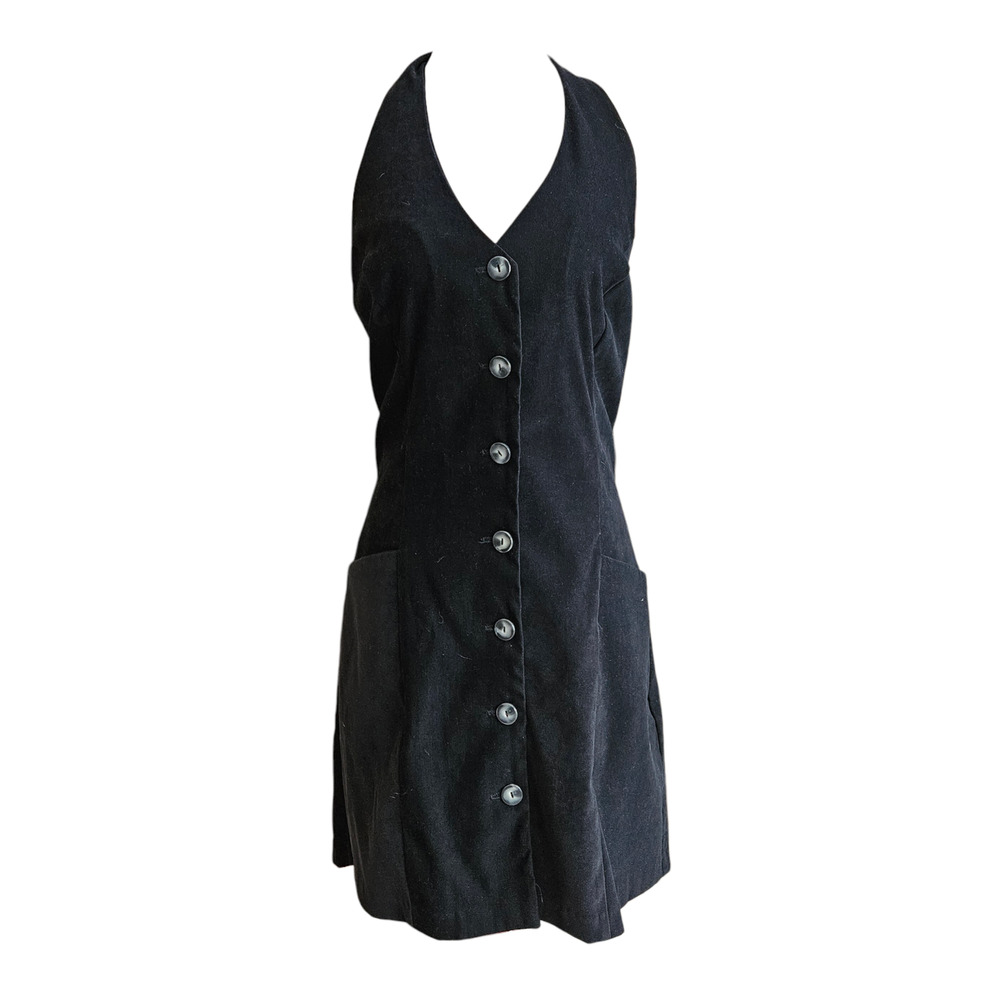 Y2k 90's Mini Halter Dress Black Whimsigoth Button Front - Women's Size 12 - Picture 4 of 6